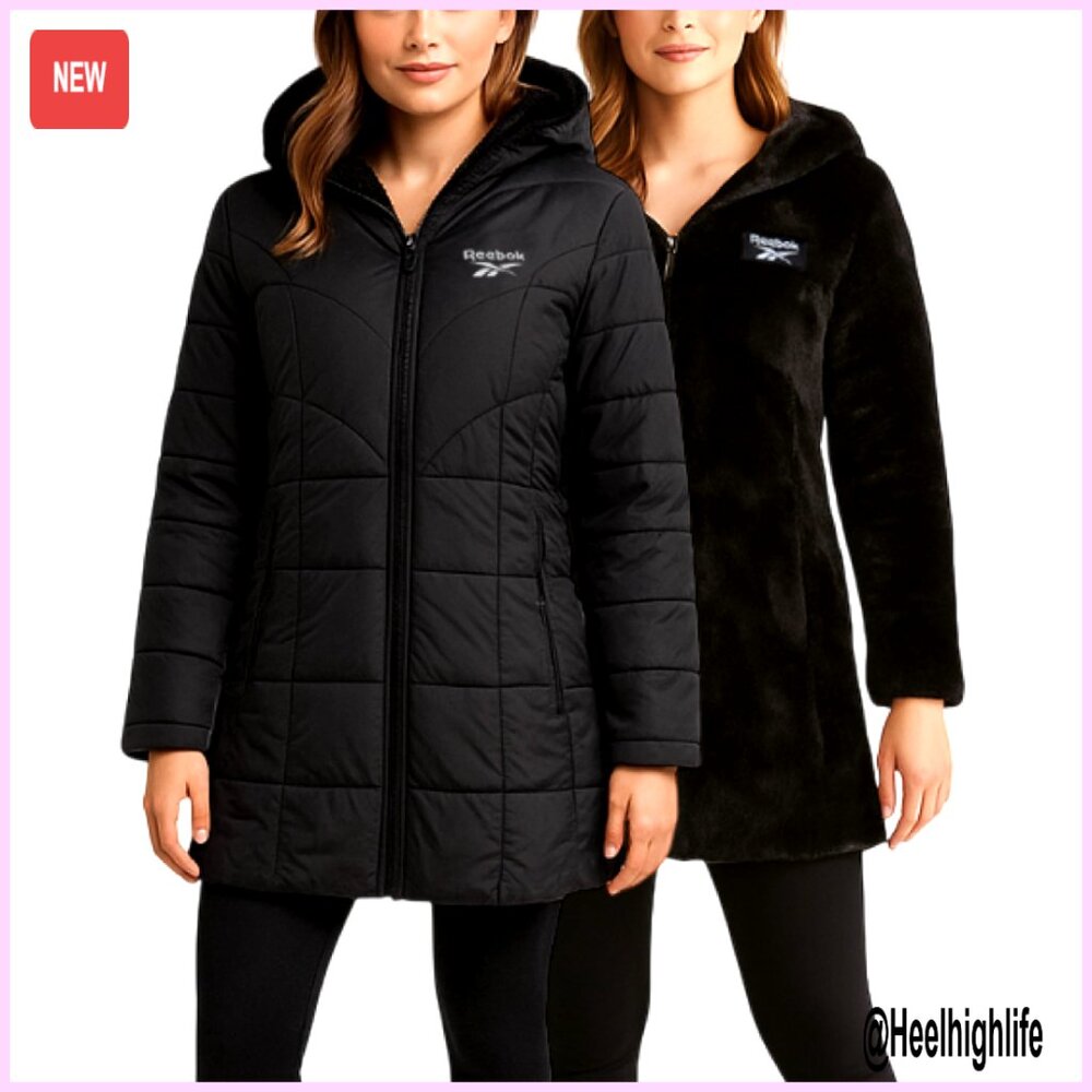 Reversible Sherpa Fleece Lined Quilted Puffer Parka with Faux Fur Hood